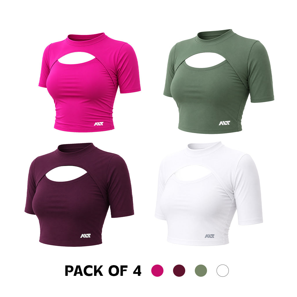 Women's Cut Out T-Shirt (Pack of 4) Aesthetic Tshirts for Gym, Workout, Running & Daily Exercise.